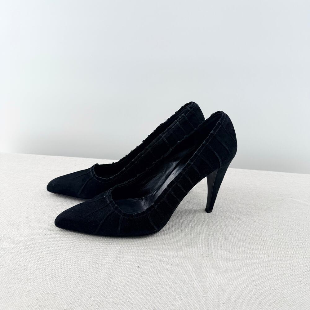 Prada Suede Ruched Slip On Pointed Toe High Heel Pumps Black Womens Size EU 37.5